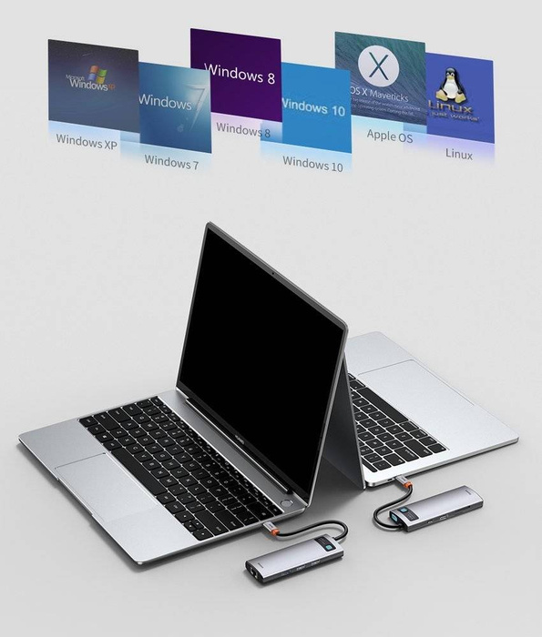 Baseus Metal Gleam 8w1 wielofunkcyjny HUB USB Typ C - USB Typ C Power Delivery 100 W / HDMI 4K 30 Hz / czytnik kart SD i microSD / 3x USB 3.2 Gen 1 / RJ45 1 Gbps Szary (CAHUB-CV0G)