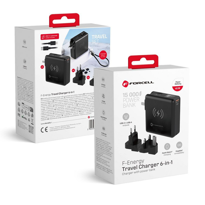 Wielofunkcyjna ładowarka Forcell F-Energy 6w1 USB A + USB C PD 45W + power bank 15000 mAh + ładowanie bezprzewodowe 15W czarna