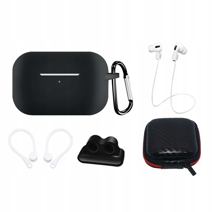Zestaw silikonowe etui AirPods Pro 2 / AirPods Pro 1 + futerał / zaczep na ucho / pasek na szyję / uchwyt na pasek zegarka / karabińczyk | czarne