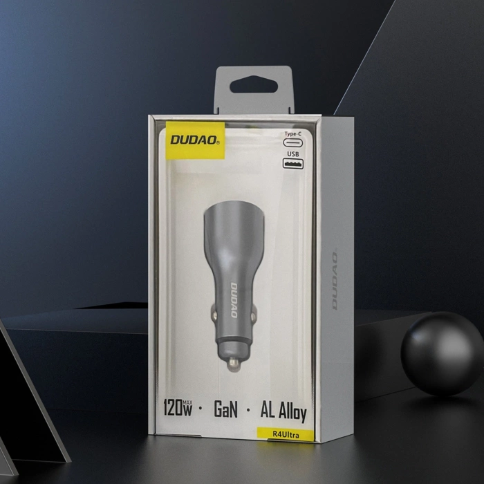 Ładowarka samochodowa Dudao R4Ultra 120W Power Delivery Quick Charge LED USB-A USB-C - szary