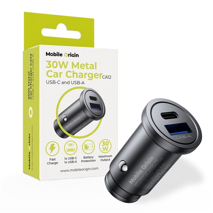 Mobile Origin Metal Car Charger 30W, CA12 -  USB-C, USB-A