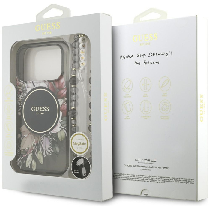 Etui Guess IML Flowers Pearl Strap       MagSafe do iPhone 17 Pro czarny