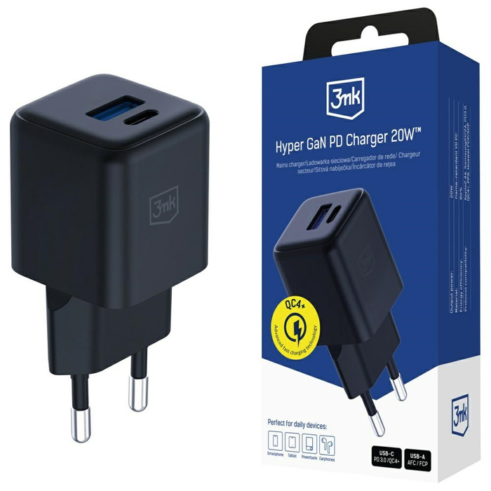 Ładowarka sieciowa 3MK Hyper GaN Charger 20W 1xUSB-A 1XUSB-C PD QC4+ czarny