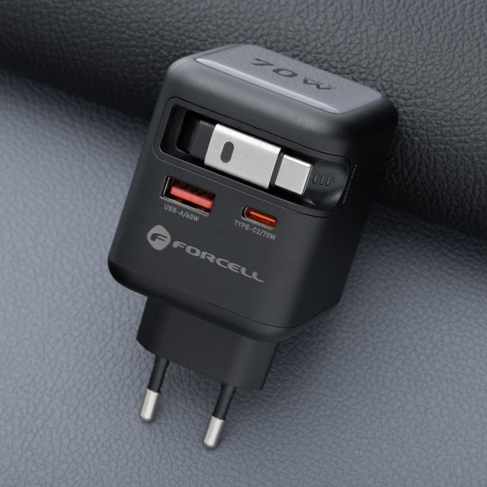 Ładowarka sieciowa do telefonu Forcell F-Energy GaN USB C + USB A + zwijany kabel USB C PD QC4.0 3A 70W VT-R7 szara