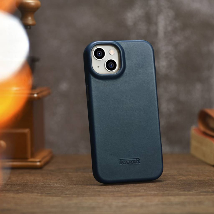 iCarer CE Oil Wax Premium Leather Folio Case skórzane etui iPhone 14 z klapką magnetyczne MagSafe niebieski (AKI14220705-BU)