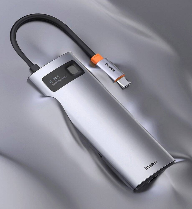 [PO ZWROCIE] Baseus Metal Gleam 6w1 wielofunkcyjny hub USB Typ C - USB Typ C Power Delivery 100 W / HDMI 4K 30 Hz / 3x USB 3.2 Gen 1 / RJ45 1 Gbps Szary (CAHUB-CW0G)