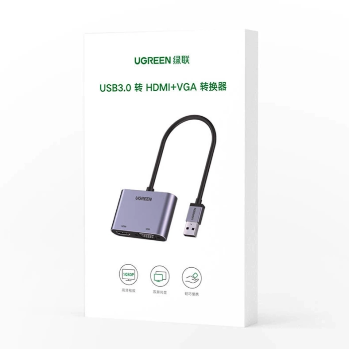 Przejściówka Ugreen CM449 USB - HDMI 1.3 (1920x1080 60Hz), VGA 1.2 (1920x1080 60Hz) - szara