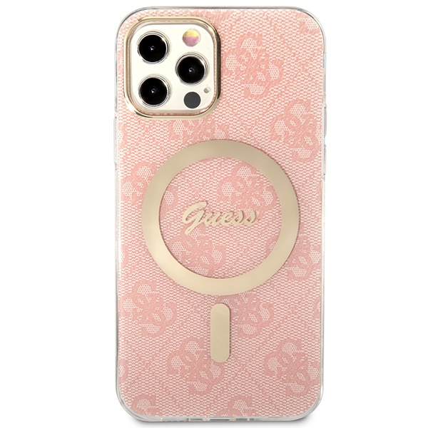 Zestaw Etui Guess Case+ Charger iPhone 12/12 Pro różowy/pink hard case 4G Print MagSafe