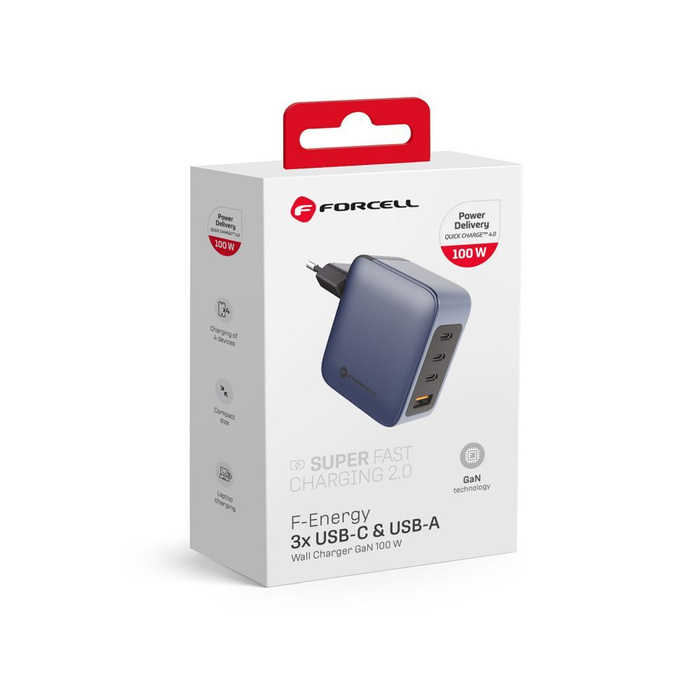 Ładowarka sieciowa do telefonu Forcell F-Energy GaN 3 x USB C + USB A QC4.0 PD 5A 100W VT-46 szara