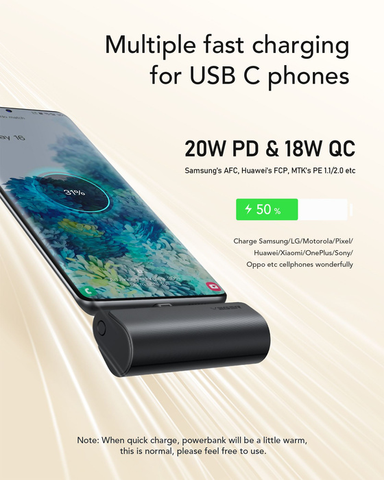 VEGER powerbank 5000 mAh z wbudowanym złączem Typ C PD QC3.0 3A 20W PlugOn (W0556/V0556) czarny