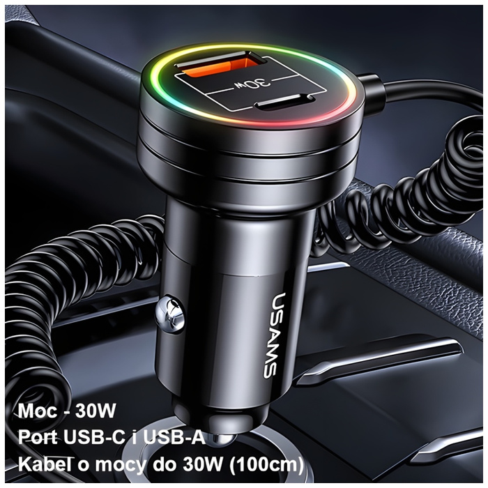 USAMS Ład. sam. 2xUSB-C 1xUSB-A C33 60W with spring cable Fast Charge czarny/black CC167CC01 (US-CC167)