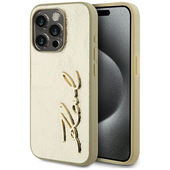 Etui Karl Lagerfeld Wrinkled Metal       Signature do iPhone 15 Pro złoty