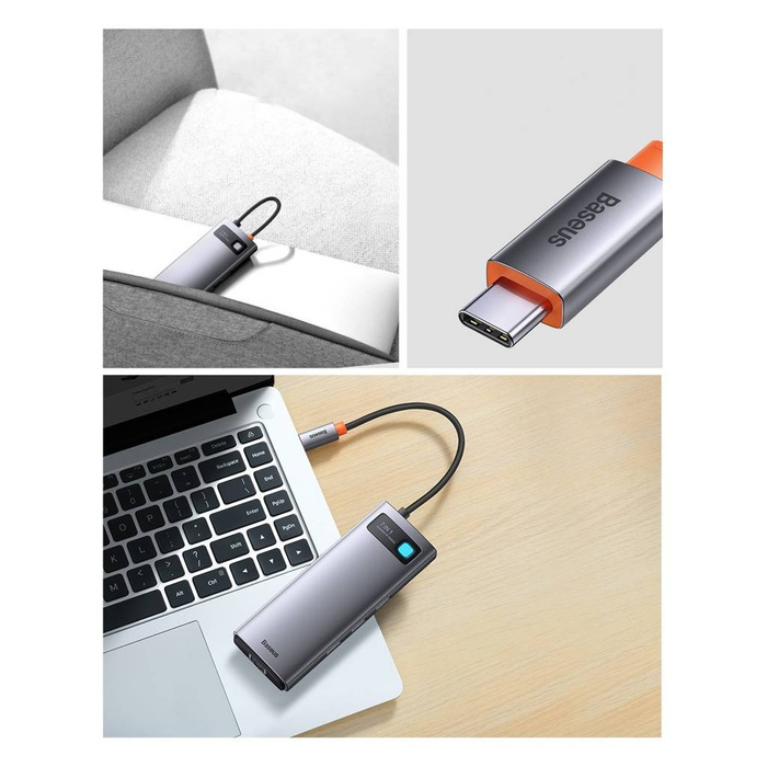 Baseus Metal Gleam Series stacja dokująca HUB 7 w 1 USB Typ C - 2 x HDMI /  3 x USB 3.2 Gen. 1 / 1 x Power Delivery / 1 x RJ-45 Ethernet szary (WKWG040113)