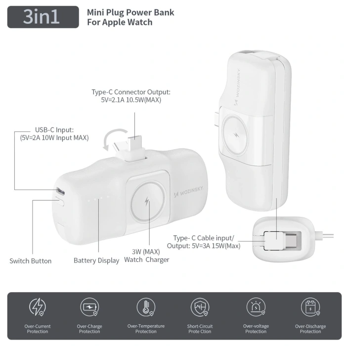 Mini powerbank Wozinsky WF16-YCS 5000mAh 15W USB-C z wbudowanym kablem USB-C i ładowarką do Apple Watch - biały