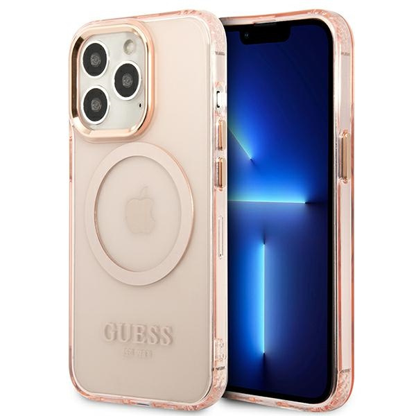 Etui GUESS Apple iPhone 13 13 Pro Gold Outline Translucent MagSafe Różowy Hardcase