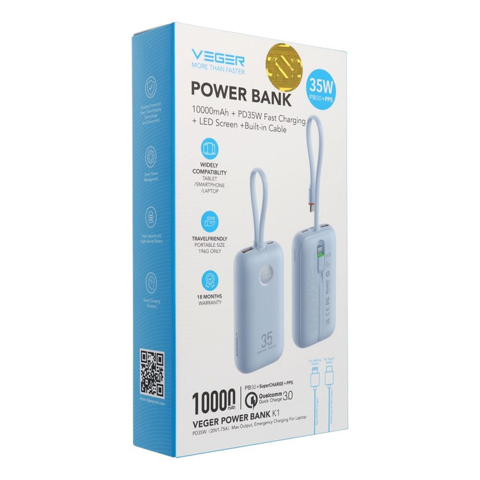 VEGER powerbank 10000 mAh z wbudowanymi kablami Typ C / Lightning PD QC3.0 35W K1 (W1188) niebieski