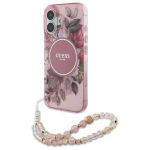 Etui Guess iPhone 16 6.1" różowy/pink hardcase IML Flowers With Pearl Strap MagSafe