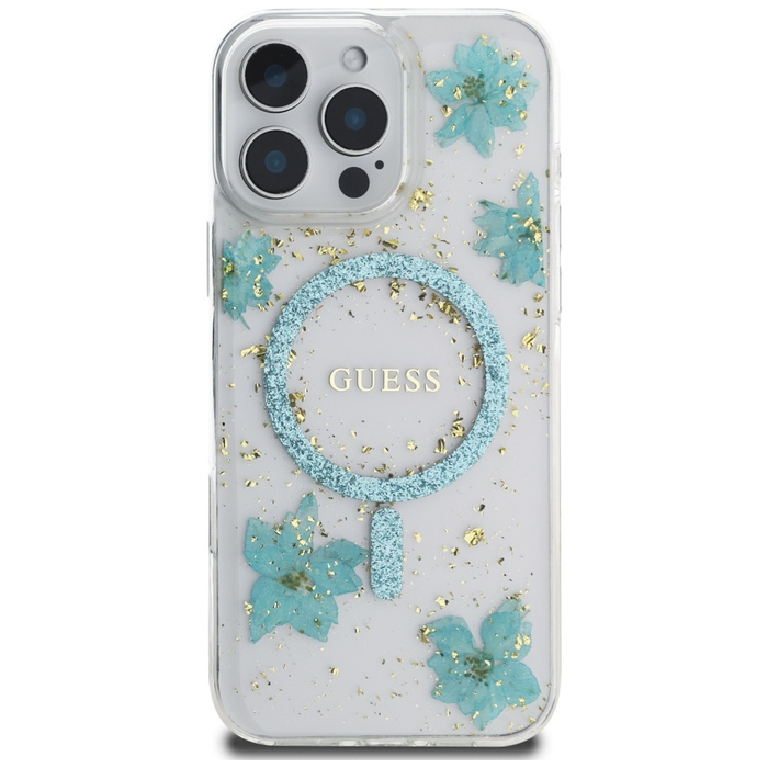 Etui Guess Resin Flowers Glitter MagSafe do iPhone 16 Pro turkusowy