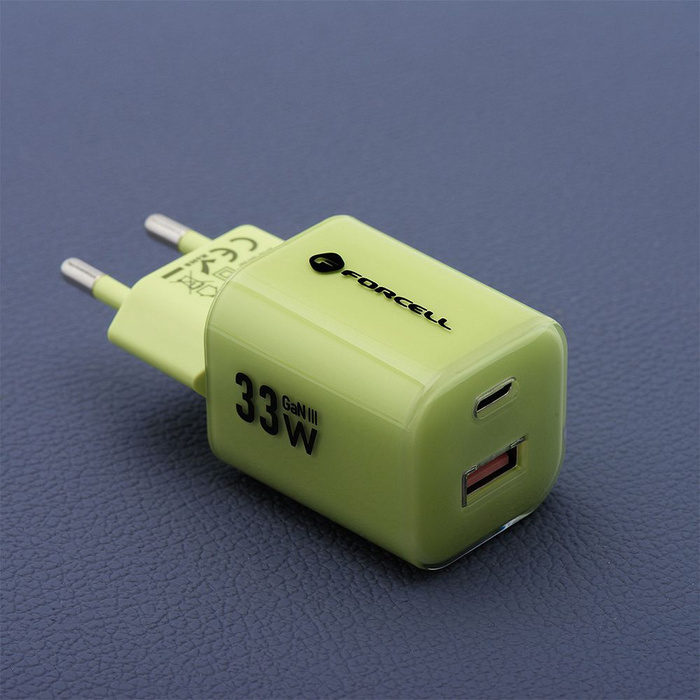 Ładowarka sieciowa do telefonu Forcell F-Energy GaN III Crystal Color USB C + USB A QC4.0 PD 33W + kabel USB C do USB C VT-41 zielona 0INT