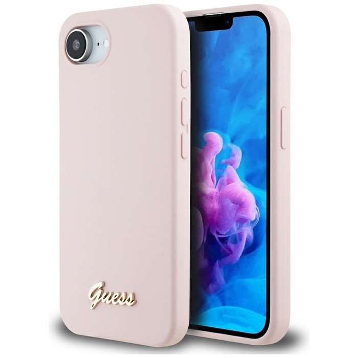 Etui Guess Silicone Script Metal Logo    MagSafe do iPhone 16e różowy