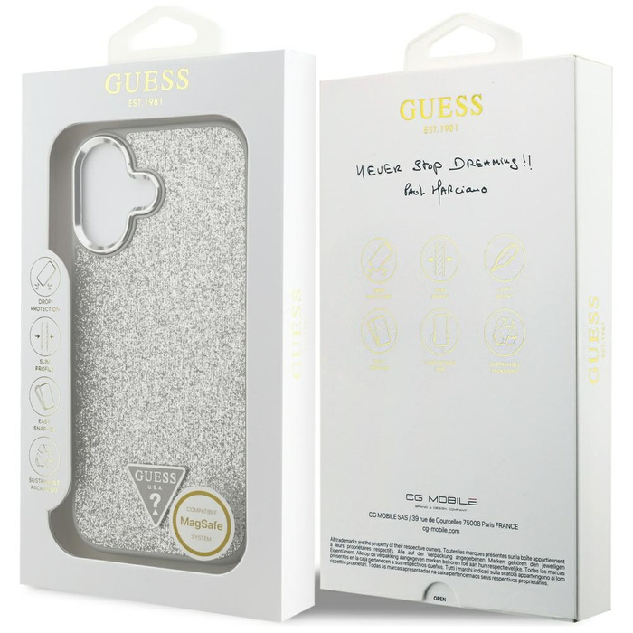 Etui Guess Glitter Triangle Logo MagSafe do iPhone 17 srebrny