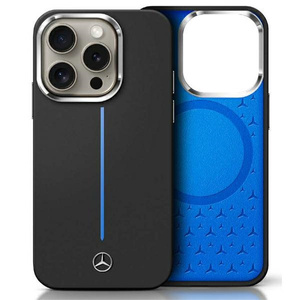 Etui Mercedes iPhone 16 6.1" czarny/black hardcase Silicone Blue Stripe MagSafe