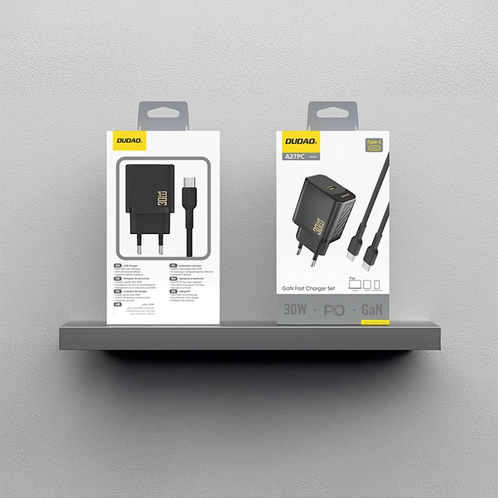Ładowarka sieciowa Dudao A27PCEU PD 30W GaN USB-C z kablem USB-C - czarna