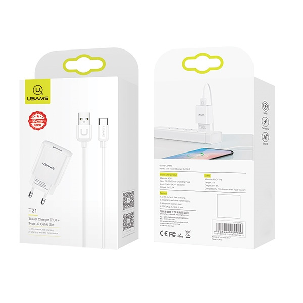 Ładowarka Sieciowa USAMS 1xUSB T21 Kabel USB-C 2,1A Fast Charging T21OCTC01 Biały