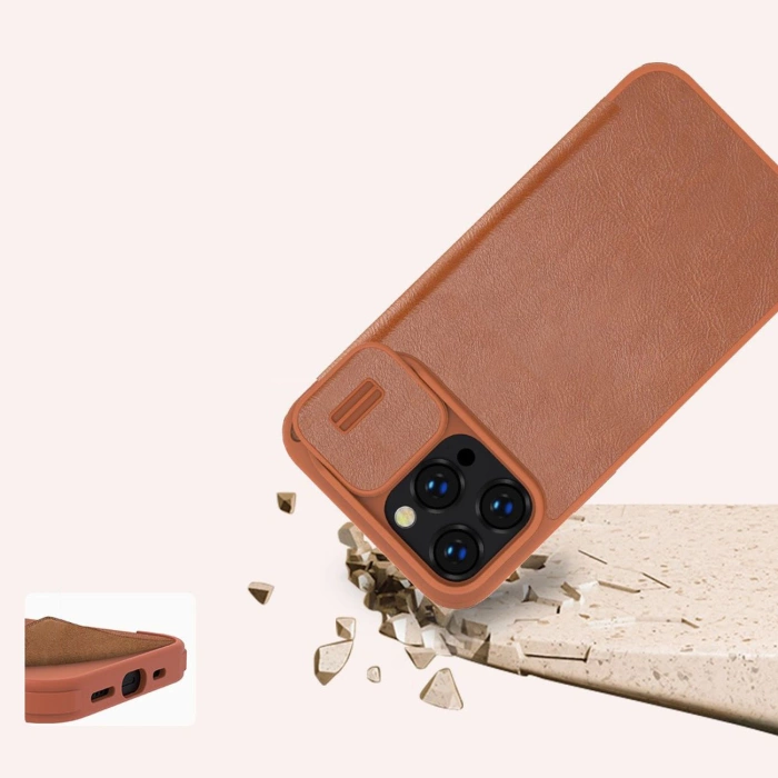 Etui Nillkin Qin Leather Pro Case etui iPhone 14 Pro Max osłona na aparat kabura pokrowiec obudowa z klapką niebieski