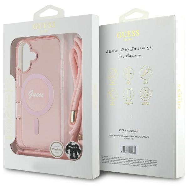 Etui Guess iPhone 16 różowy/pink hardcase Crossbody Cord Script MagSafe
