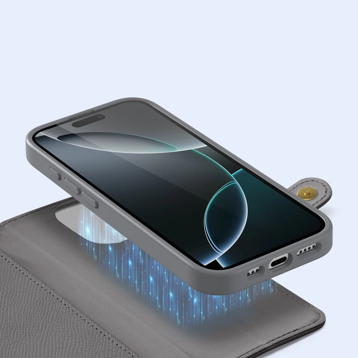 Etui skórzane Dux Ducis Lawa na iPhone 16 Pro z odłączanym portfelem magnetycznym - szare