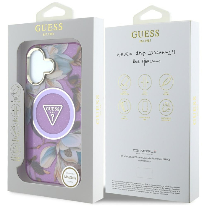 Etui Guess Glitter Flowers Triangle       Buttons MagSafe do iPhone 16 fioletowy