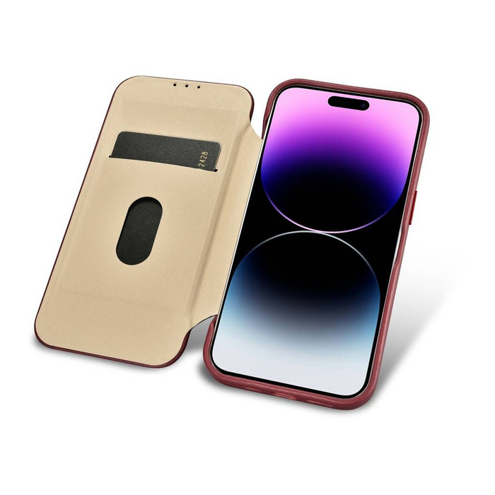 iCarer CE Premium Leather Folio Case skórzane etui iPhone 14 Pro Max z klapką magnetyczne MagSafe czerwony (WMI14220716-RD)