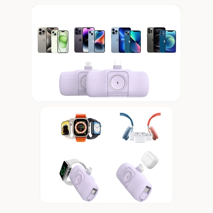 Powerbank Mini Wozinsky WF16-YCS 5000mAh 15W USB-C z wbudowanym kablem USB-C i ładowarką do Apple Watch - fioletowy