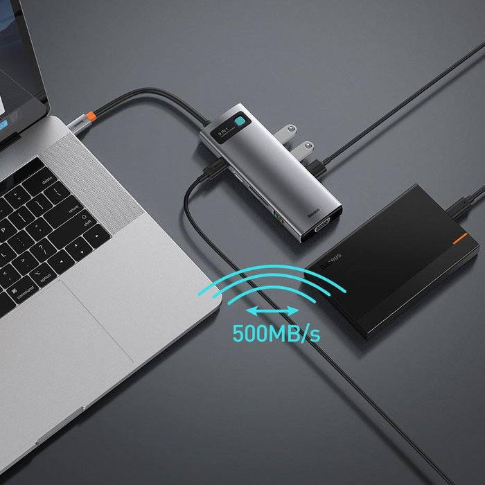 Baseus Metal Gleam 9w1 wielofunkcyjny HUB USB Typ C - 3x USB 3.2 Gen 1 5Gbps / USB Typ C PD 100W / VGA Full HD 60Hz / HDMI 4K 30Hz / czytnik kart TF i SD / RJ45 1Gbps szary (CAHUB-CU0G)