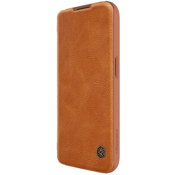 Skórzane etui z klapką osłoną aparatu do iPhone 15 Pro Max Nillkin Qin Pro Leather - brązowe