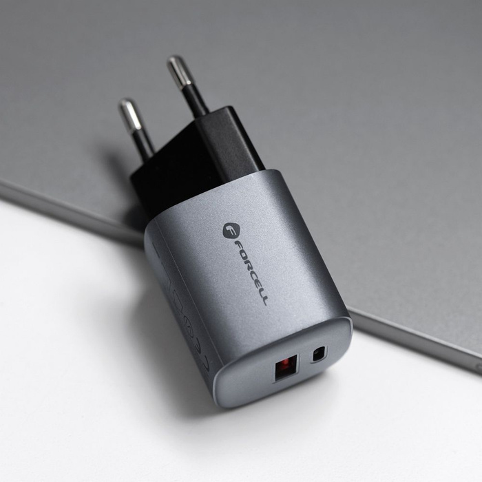 Ładowarka sieciowa do telefonu Forcell F-Energy GaN USB C + USB A QC4.0 PD 3A 33W VT-31 szara
