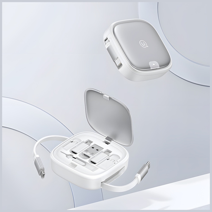 USAMS Kabel rozwijany 3w1 z pudełkiem MicroUSB/USB-C/Lightning 60W stalowy/tarnish SJ650USB01 (US-SJ650)