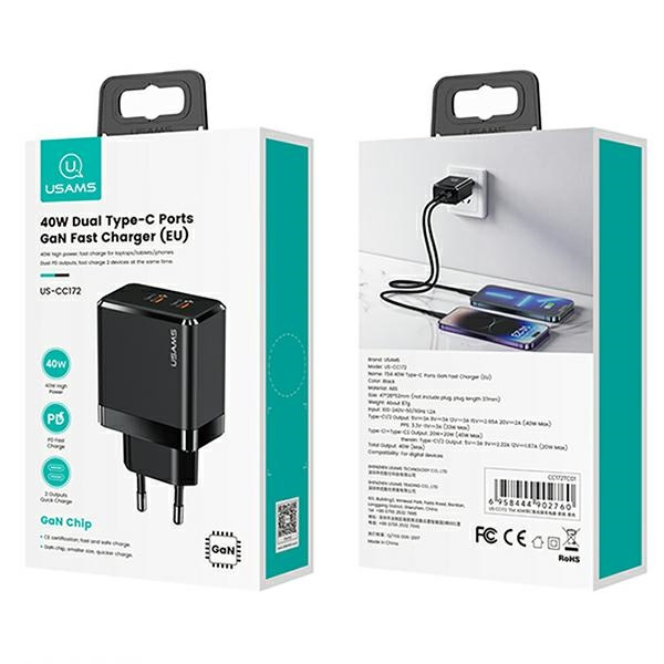 USAMS Ład. siec. 2xUSB-C T54 40W (only head) PD Fast Charging czarny/black CC172TC01 (US-CC172)