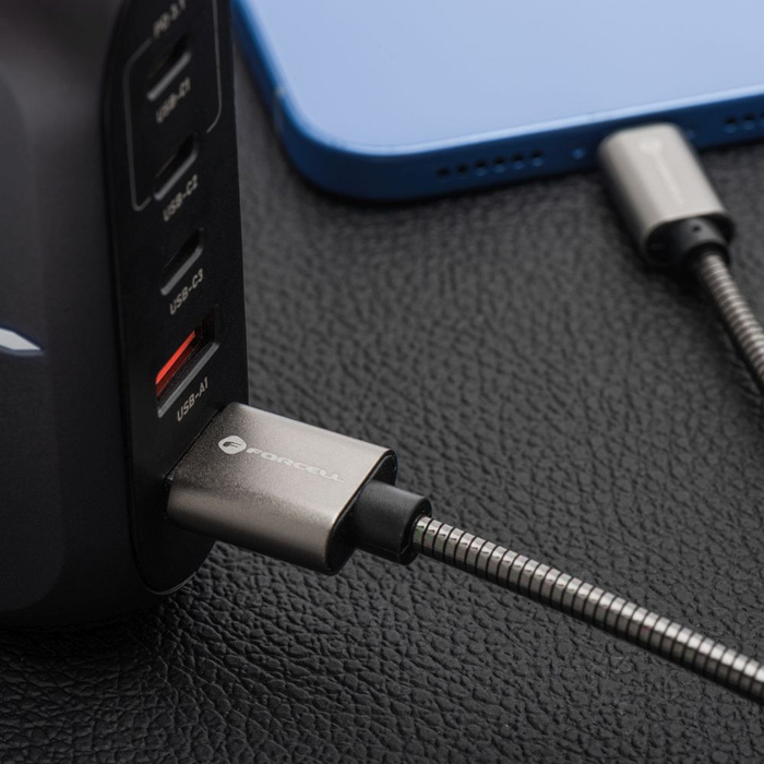 Kabel USB A do USB C Forcell F-Energy QC4.0 3A 66W Metal 2 m C234 srebrny