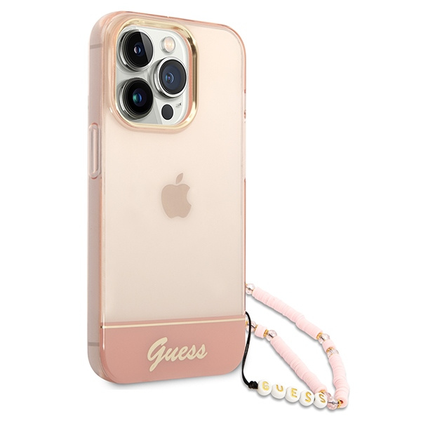 Etui GUESS Apple iPhone 14 Pro Translucent Pearl Strap Różowy Hardcase