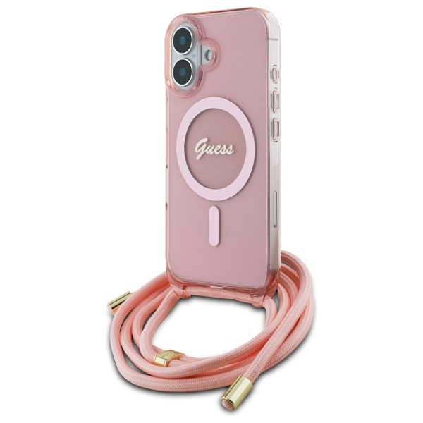 Etui Guess iPhone 16 różowy/pink hardcase Crossbody Cord Script MagSafe