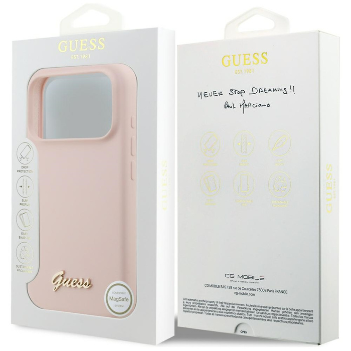 Etui Guess Silicone Script Metal Logo    MagSafe do iPhone 17 Pro różowy