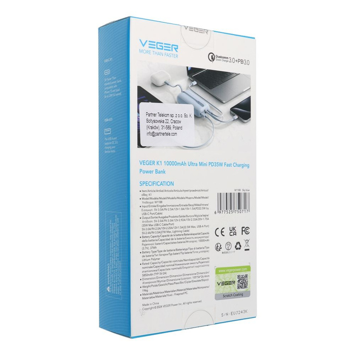 VEGER powerbank 10000 mAh z wbudowanymi kablami Typ C / Lightning PD QC3.0 35W K1 (W1188) niebieski