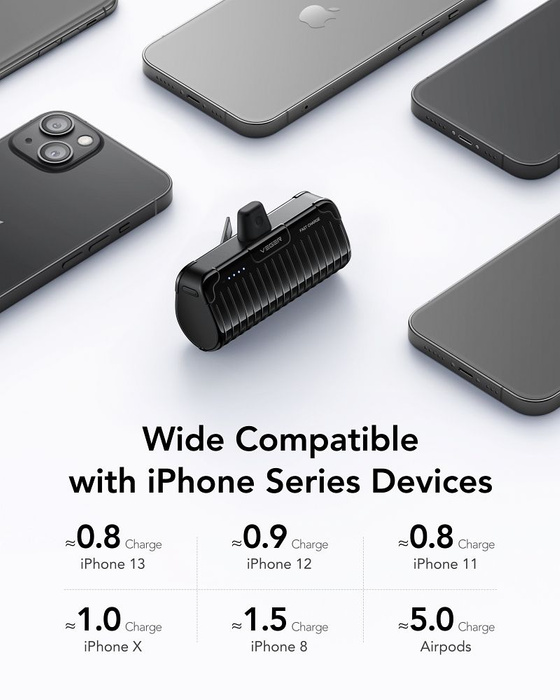 VEGER powerbank 5000 mAh z wbudowanym złączem Lightning PlugOn PD QC3.0 2,4A 20W W0558P czarny