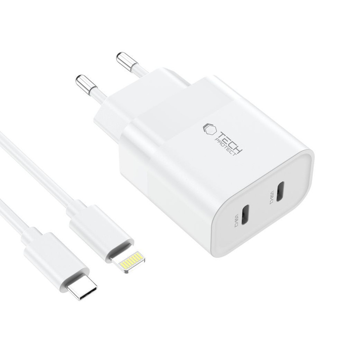 ŁADOWARKA TECH-PROTECT C20W 2-PORT NETWORK CHARGER PD20W + USB-C CABLE WHITE