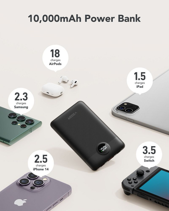 VEGER powerbank 10000 mAh z wbudowanymi kablami Typ C / Lightning PD QC3.0 2A 22,5W C11 (W1170) czarny