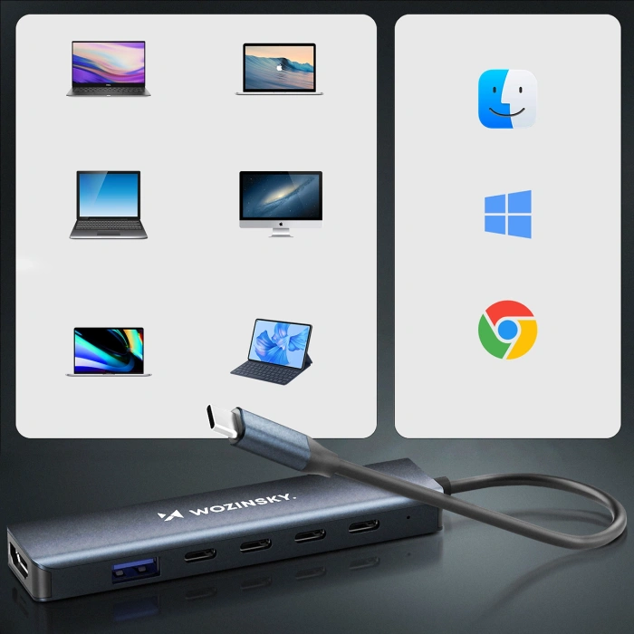 Hub USB-C 6 w 1 Wozinsky WHBC10Y4S wielofunkcyjny, aluminiowy, z kablem 15 cm - szary