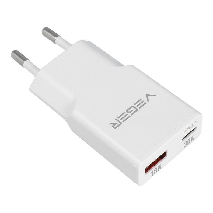 Ładowarka sieciowa do telefonu VEGER USB A + USB C QC PD 30W 30W1A1C biała
