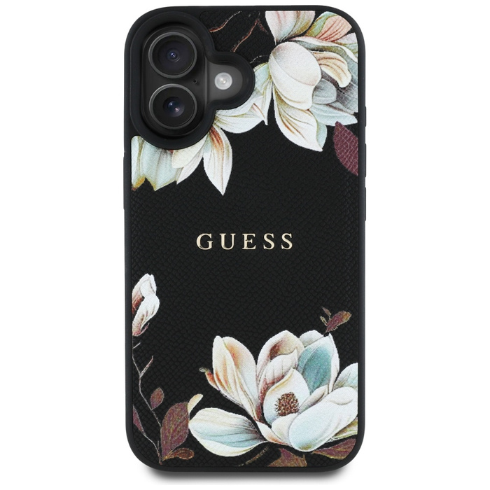 Etui Guess Grained Printed Flower         Pattern MagSafe do iPhone 16 czarny